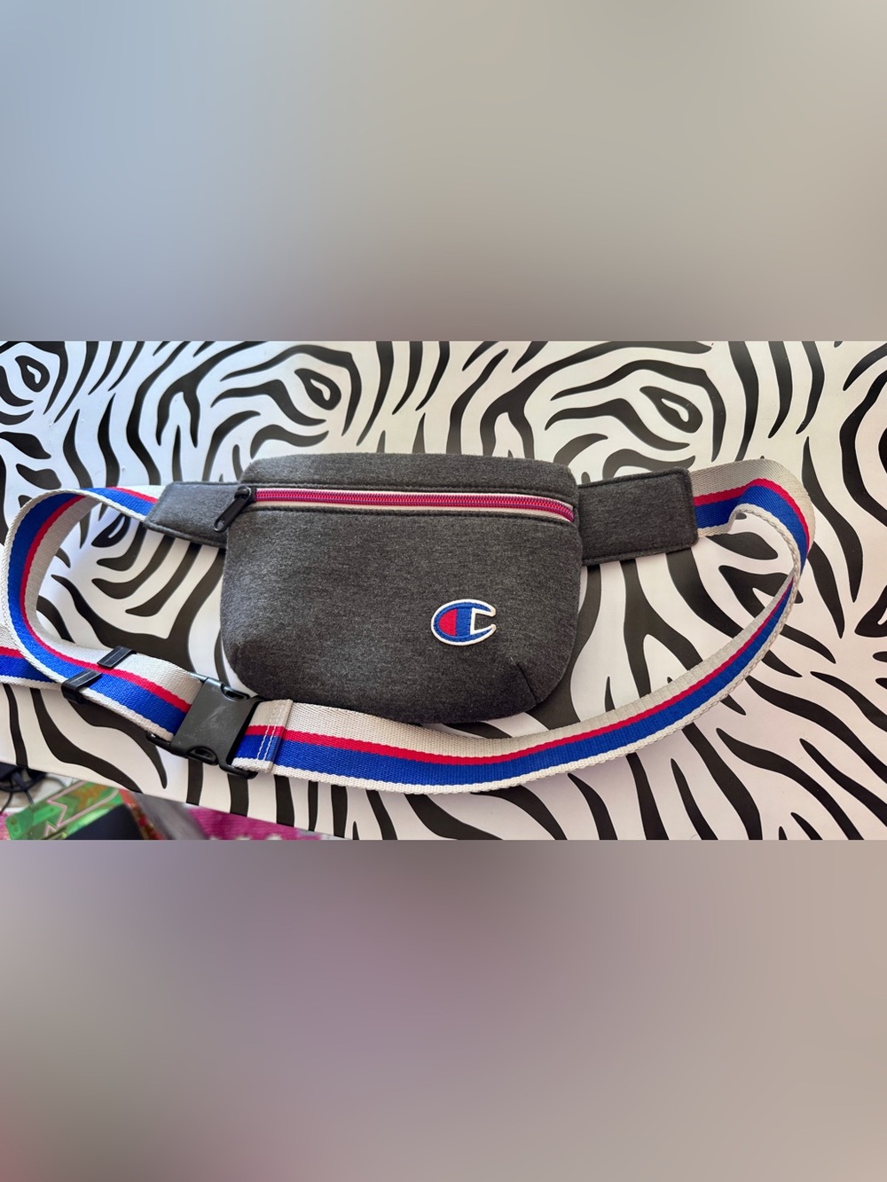 Champion Charcoal Gray Belt Bag with Red-Trim Zipper and Tricolor Strap